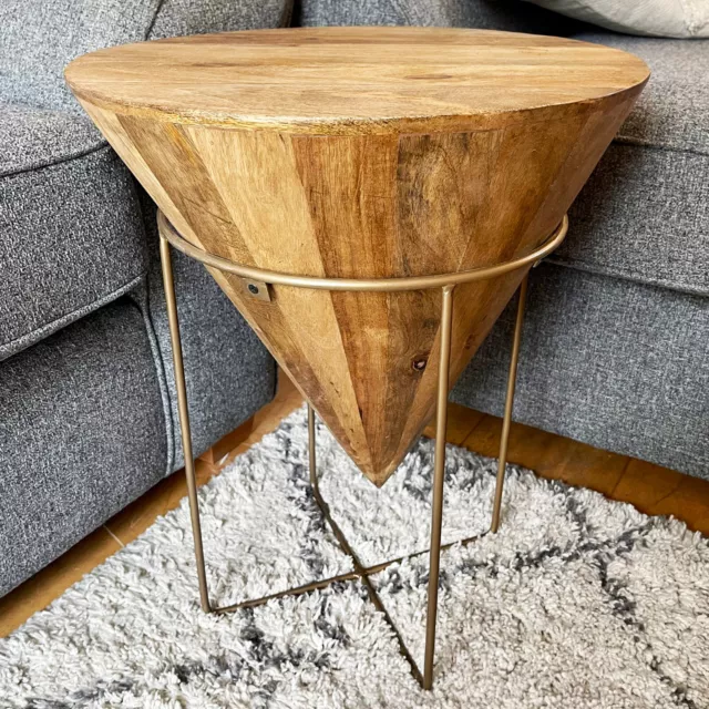 Mango Wood Cone Side Table Round Metal Legs Plant Stand Accent Coffee Furniture