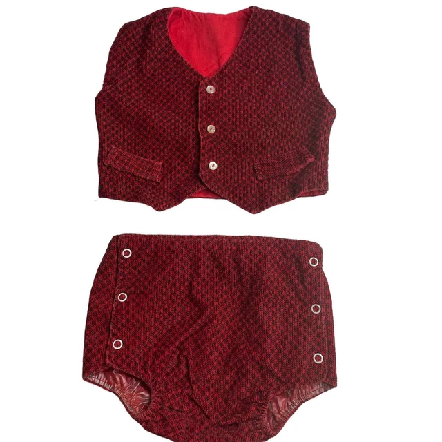 Vintage Toddler Baby Corduroy Vest Diaper Cover Set Black Red Plaid Size 1