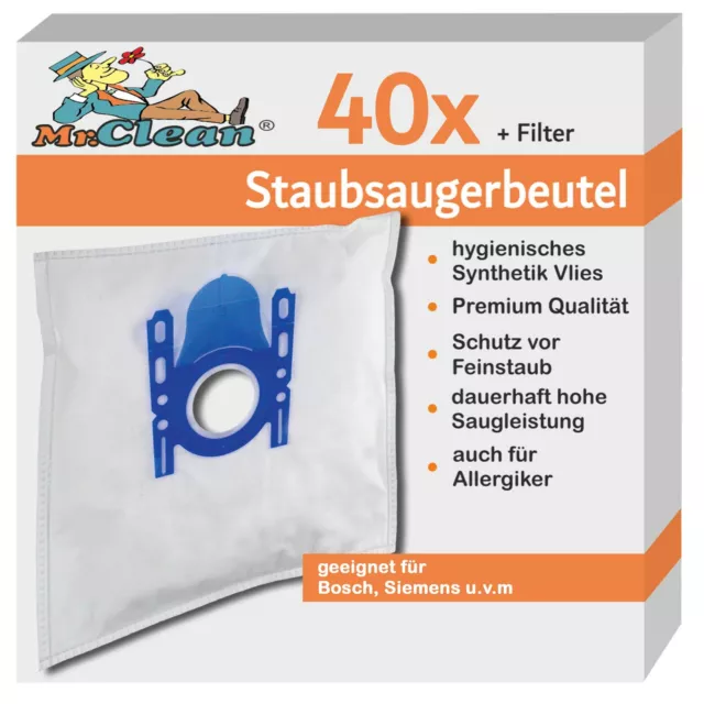 40 Mr.Clean Staubsaugerbeutel kompatibel zu Siemens VZ41FGALL PowerProtect