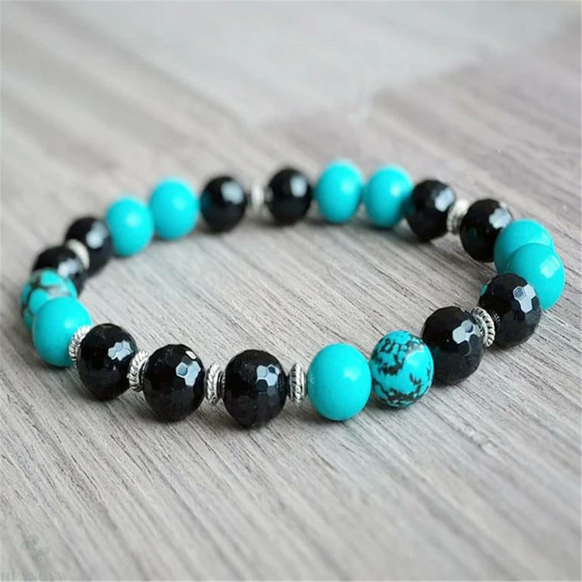 8mm Natural Black Onyx Turquoise Mala Bracelet Pray Yoga Healing Chakas Cuff