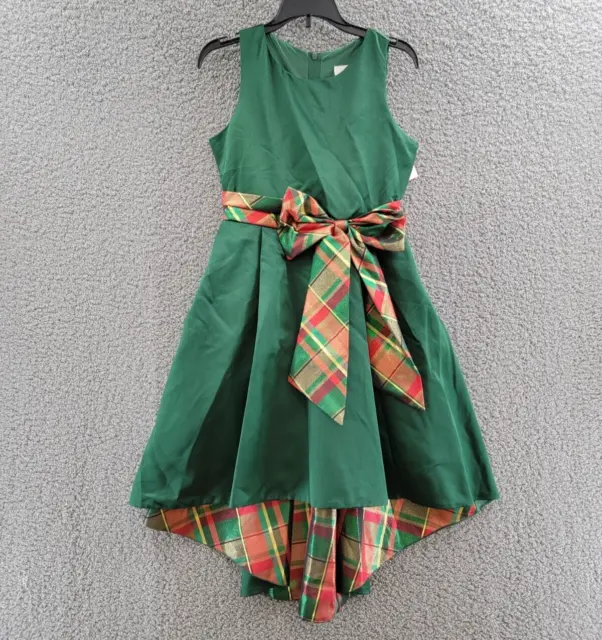 Rare Editions Satin Hi Low Dress with Plaid Bow Big Girls 12 Hunter Zip Closure