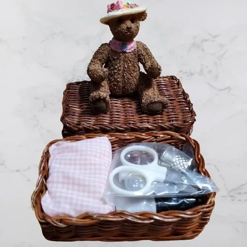 Vintage Wicker Woven Sewing Basket  Bear Sitting on Basket With Hat With Flowers