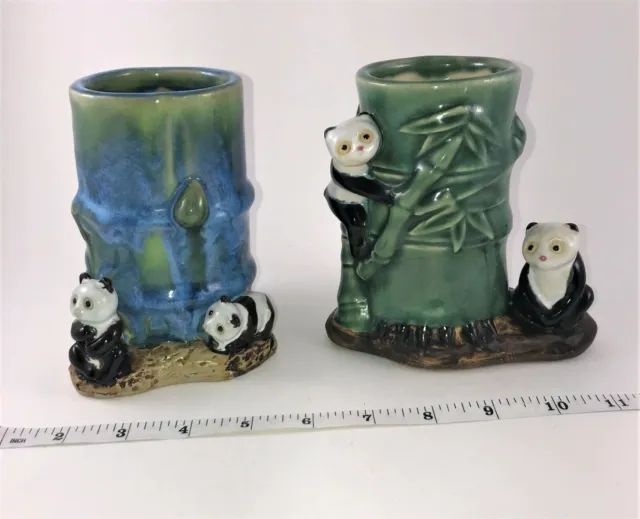 VTG Bamboo Planter, Vase, Pencil Cup, Cute Panda Bears Glazed Ceramic (Set of 2)