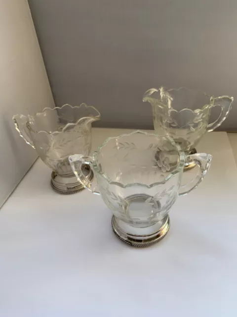 Antique American Sterling Silver Base Moulded Glass Sugar Bowl/Cream Jugs