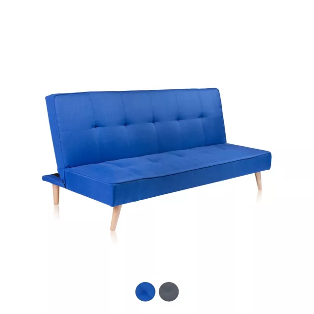 Sofá cama clic clac, patas de madera, sofa 2 plazas, Azul y Gris, Erna