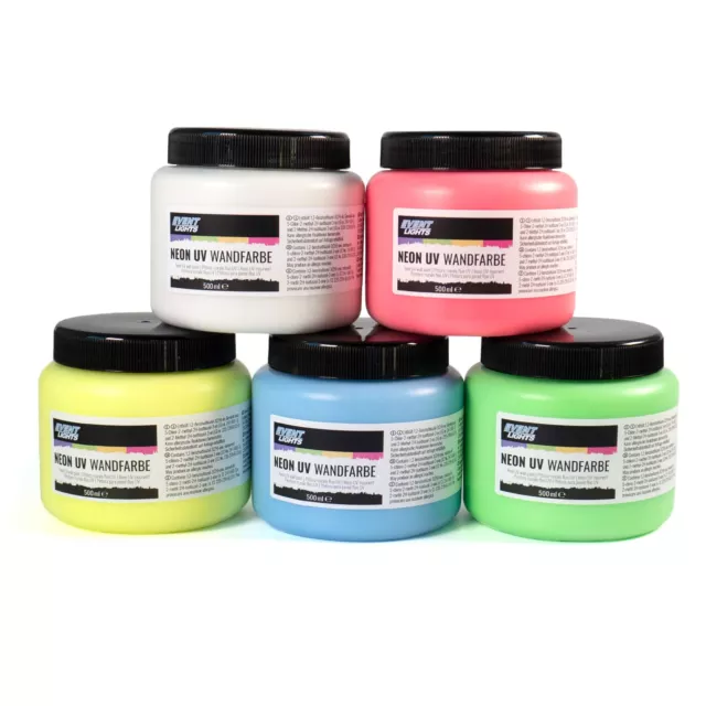 Neon UV Wandfarbe 5x500ml Set - Fluoreszierende Schwarzlicht Farbe – Leuchtfarbe