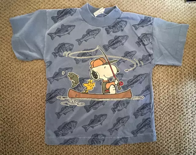 Vintage 90s SNOOPY and WOODSTOCK fishing in a canoe Heavyweight TShirt Boys SZ 6