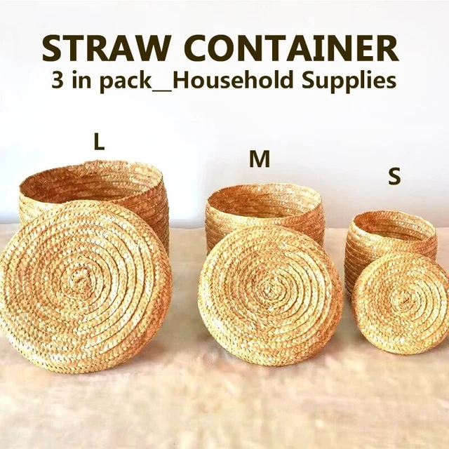 Cesta de almacenamiento de paja con tapa cesta de caña cesta de ratán decoración caja de almacenamiento
