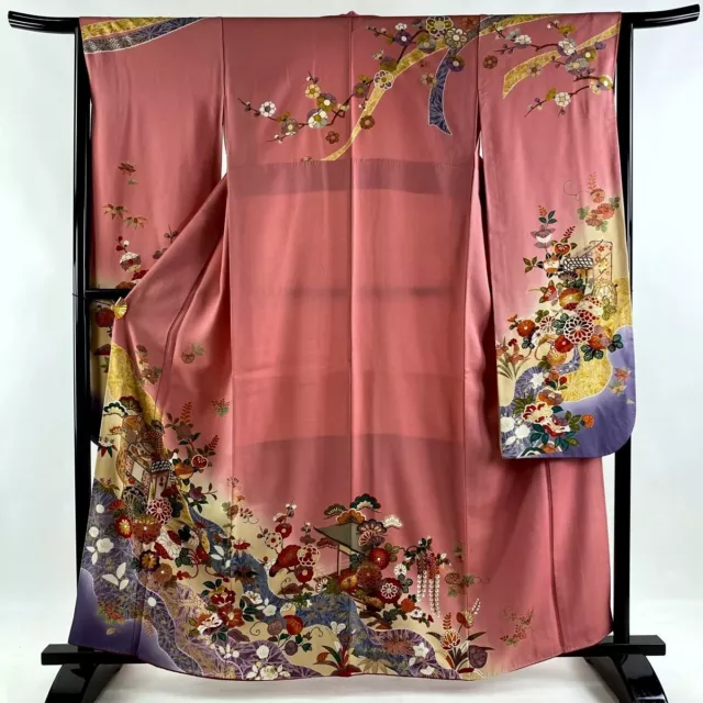 Japanese kimono SILK"FURISODE" long sleeves, GLD leaf, Coach,KIKU 菊, L5' 4".3512