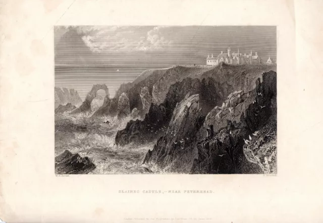 W.H. BARTLETT  SCOTTISH STEEL ENGRAVING - SLAINES CASTLE, NEAR PETERHEAD (c1840)