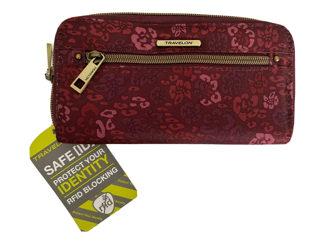Travelon Womens Maroon Floral Safe ID RFID Blocking Zip Closure Clutch Wallet