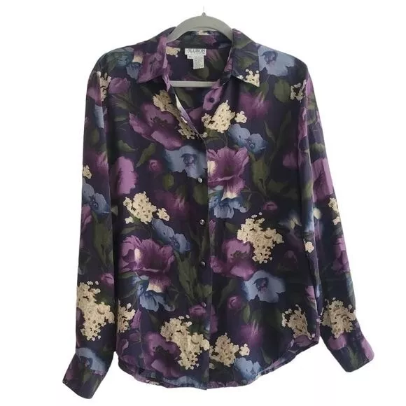 VTG Allison Taylor Medium 100% Silk Floral Long Sleeve Button Up Shirt Tunic Top