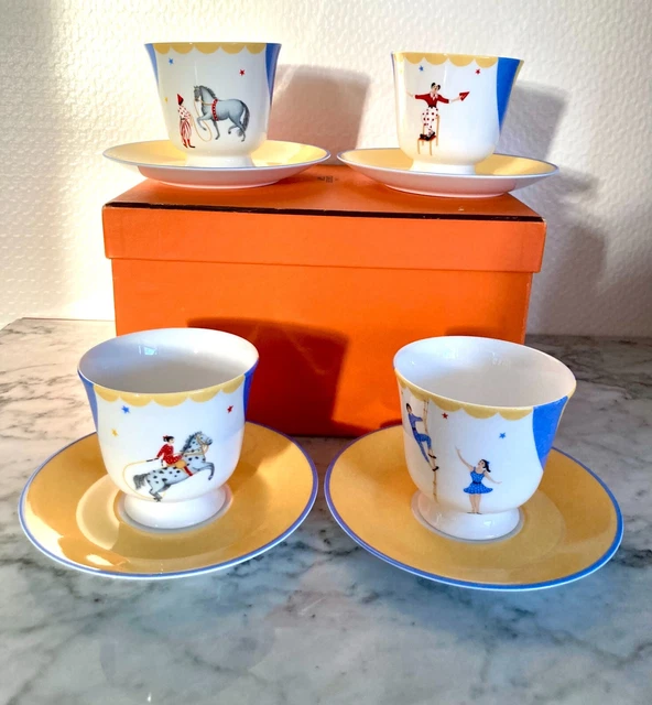Neuf & Vintage 4 tasses et soucoupes HERMES modèle CIRCUS Cup and saucer Unused