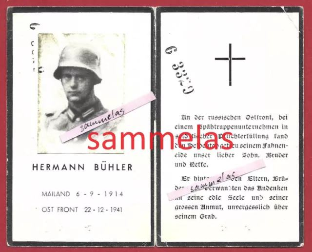 WK2 Sterbebild H.Bühler "geboren in Mailand" deutscher Soldat Italien Osten 6340