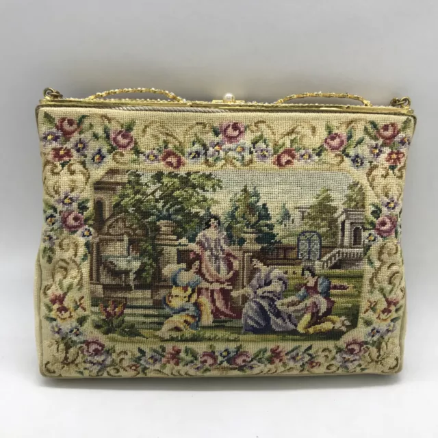 Antique French Scene Petit Point Tapestry Crystal Decorated Brass Frame Purse 2