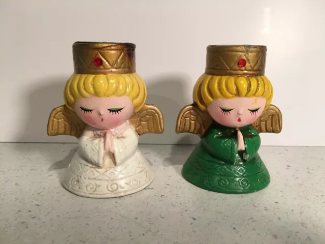 Vintage Pair of Praying Angels Candlestick Holders from Japan - Green and White