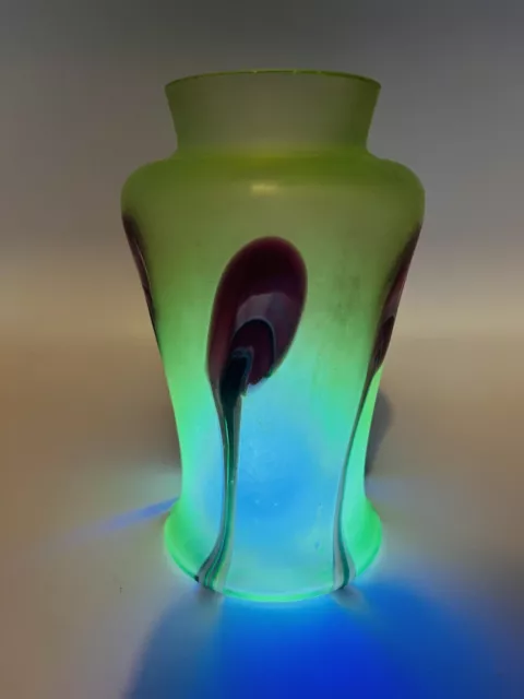 Loetz Austria Art Glass 6” Uranium UV+ Vase Antique. Pulled Feather. Small Chip