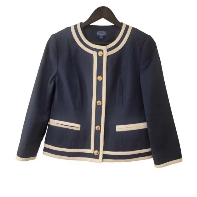 Pendleton Womens Size 8 Contrast Trim Textured Blazer Jacket Navy Blue White