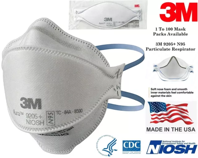 3M Aura 9205+ N95 NIOSH Approved Particulate Respirator Face Mask | USA Made |