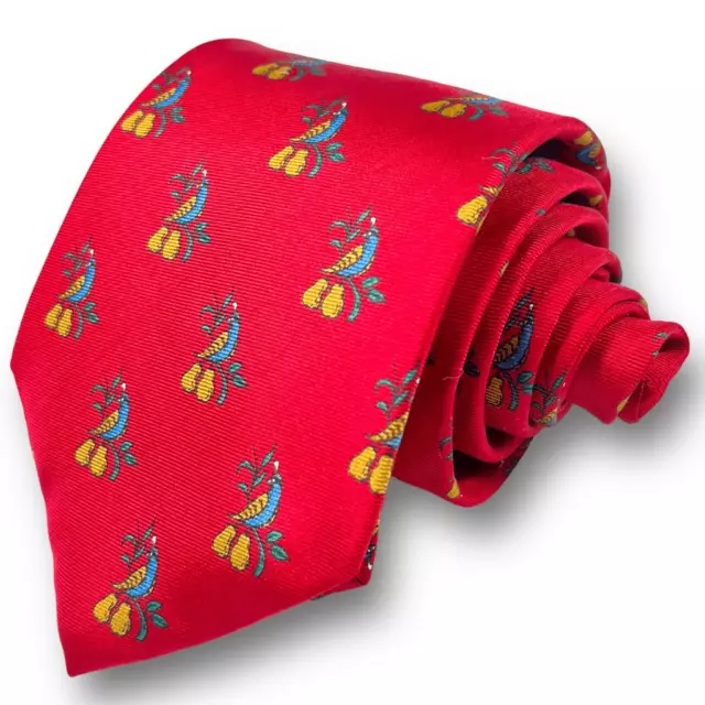 NEIMAN MARCUS EUC Men’s Vintage Red Fruit Bird Motif 100% Silk Novelty Tie