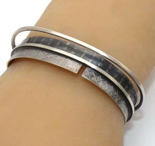 Designer Modernist Space Age Abstract Sterling Silver Etched Cuff Bracelet LLB5