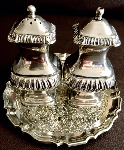 Antique Ornate Heavy (750g) English Silver Plated Salt & Pepper Pots & Tray Set 2