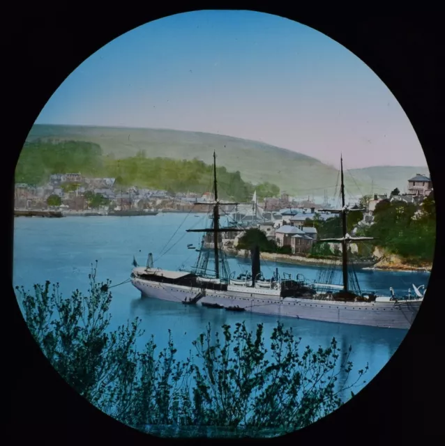 HAND PAINTED Magic Lantern Slide DARTMOUTH AND HARBOUR C1889 OLD PHOTO DEVON