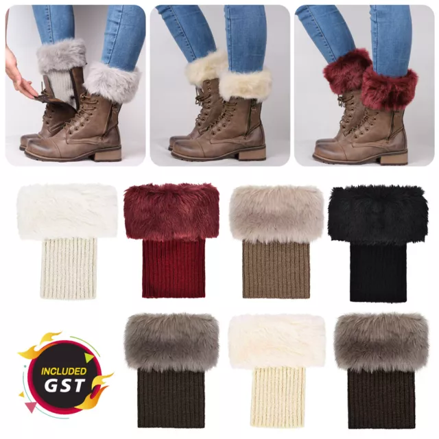 Women Winter Knitted Boot Cuffs Faux Fur Knit Trim Leg Warmer Crochet Toppers AU