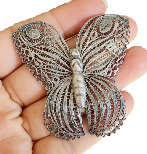 Huge Vintage Antique Large Spun Filigree Sterling Silver Butterfly Brooch Pin