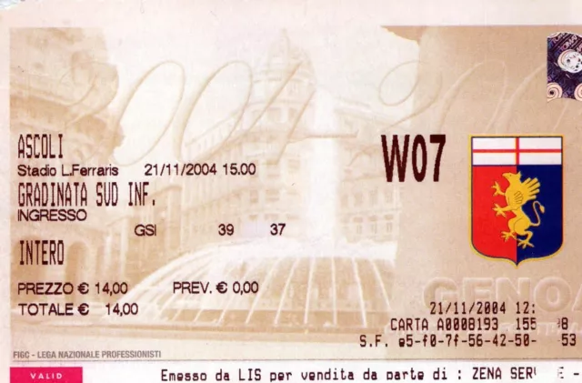 Biglietto Stadio Calcio Serie B-Genoa-Ascoli-W07-21/11/2004-Gradinata Sud Inf