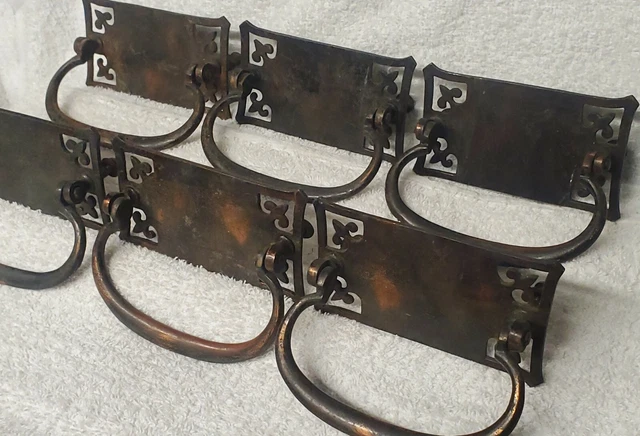 6 HVY Antique  Drawer Pulls Cabinet Dresser Handles Copper Cast Iron Bronze