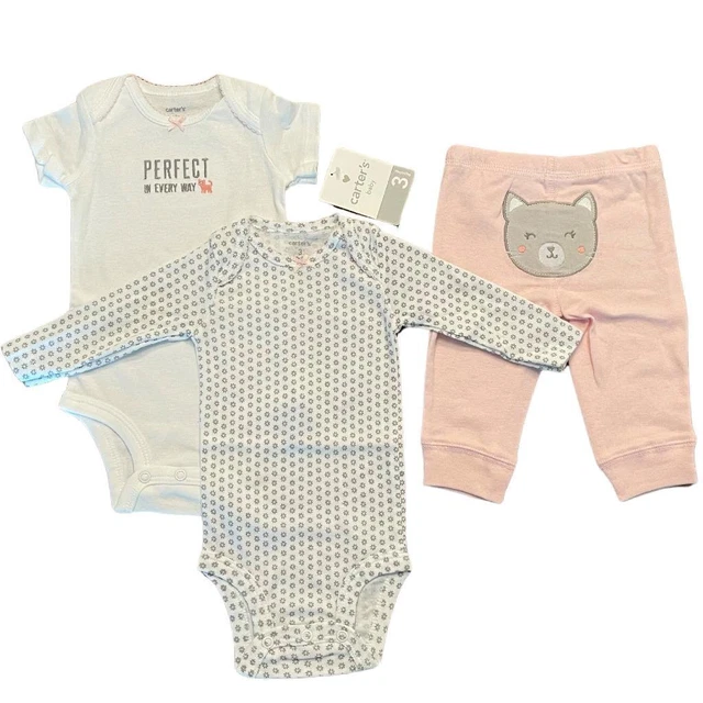 Carter's Infant Girls 3 pc Set Bodysuits and Pants Pink Gray Kitty Cat 3 Months