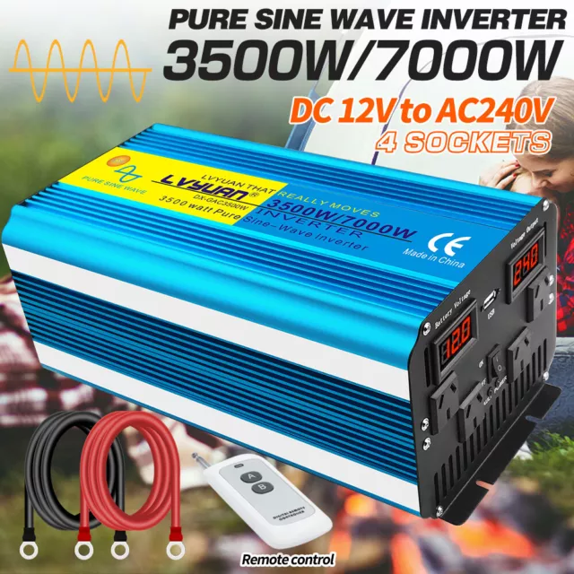 3500W 7000W Pure Sine Wave Power Inverter DC 12V to AC 240V Converter 4 Sockets