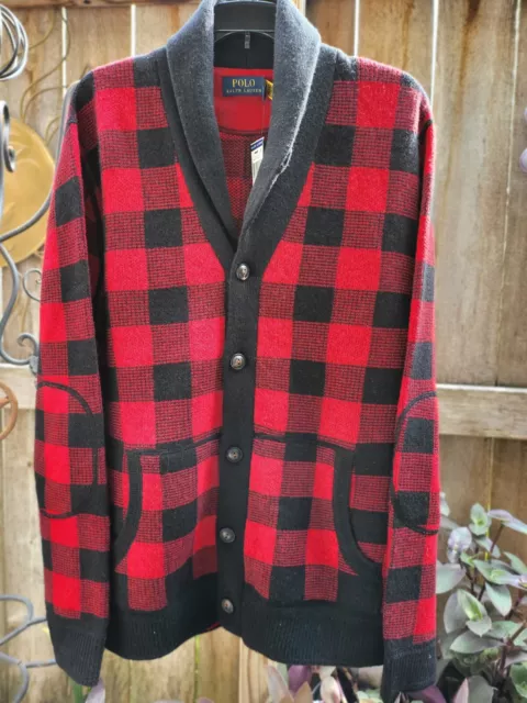 Polo Ralph Lauren Shawl Wool Blend Cardigan Sweater - Plaid Check Red/Black $298