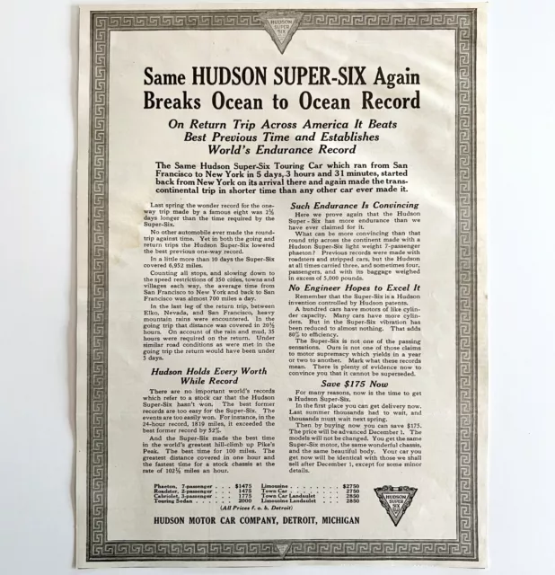 1916 Hudson Motors Super Six Record Advertisement Automobilia Ephemera DWMYC3 2