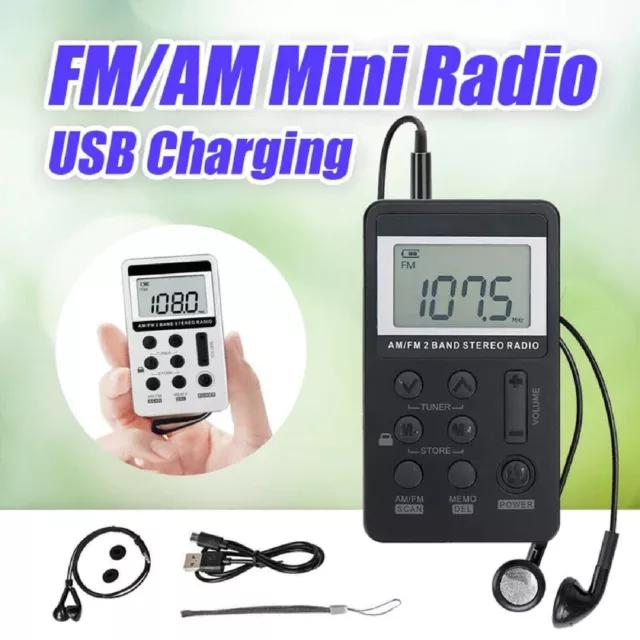 FM/AM Mini Radio Pocket Receiver Portable Digital LCD Stereo Earphone Set USB