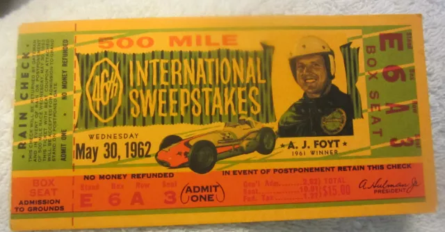 1962 MAY 30 TICKET STUB Indianapolis INDY 500 AJ FOYT auto car Race VTG Cars