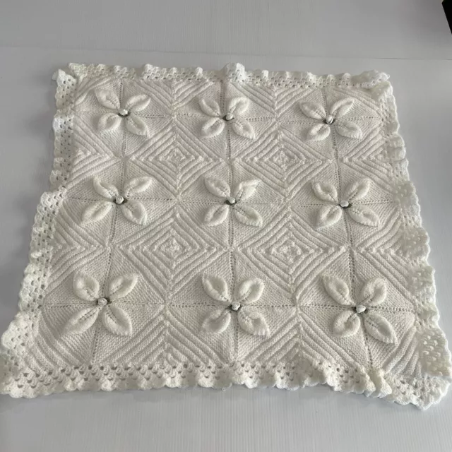 Hand Knitted White Baby Cot Blanket Rug 78cm Square Flower Pattern