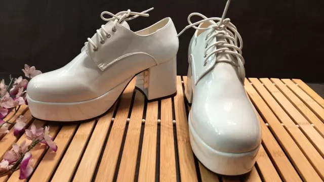 Men's 3" Heel Platform Disco , Pimp Shoes ~ White Patent Leather Small 8 , 9