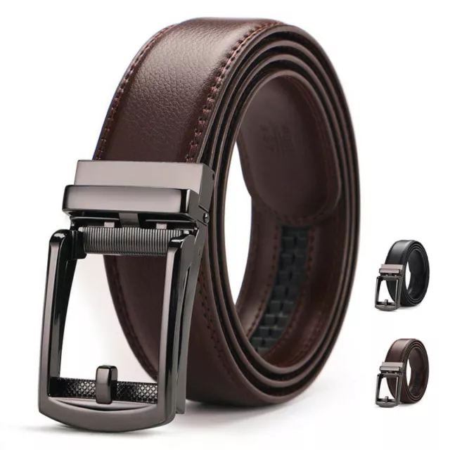 Mens Leather Belt Detachable Waistband Cuttable Strap Automatic Steel Buckle