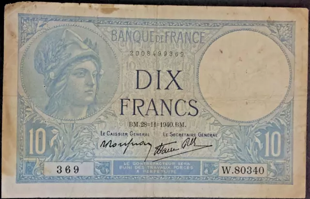 10 Francs MINERVE FRANCE 1940 Bank-note paper money