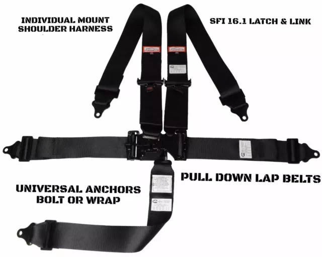 Scca Racing Harness Sfi 16.1 Latch & Link Roll Bar Mount 5 Point Black