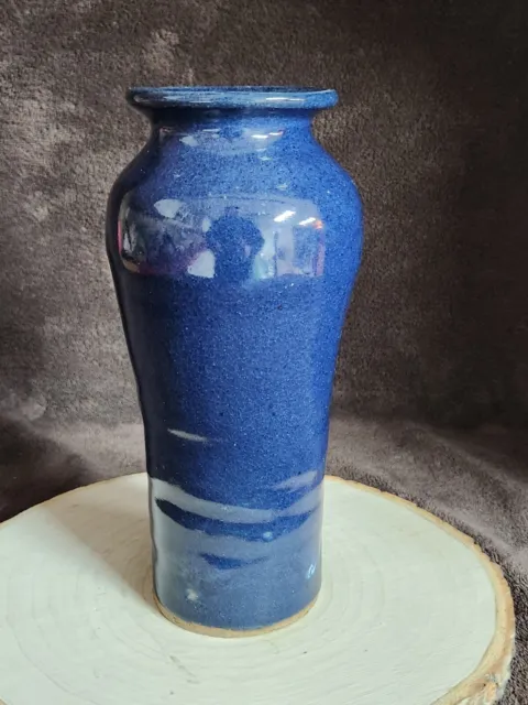 Dark Blue Glaze Studio Art Pottery Vase Signed MS, Heavy 3lb, 7.5in tall