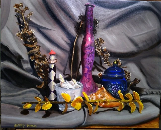 Lighthouse, Seashells, and Odds and Ends, oil on a  16 x 20 inch cotton canvas