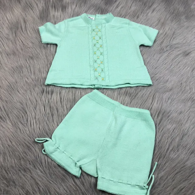 Vintage Baby Girls Little Angel Mint Green Knit Floral Sweater Top Shorts Set