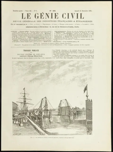 1891 - General View of New Chicago Built Drawbridge - Civil Engineering