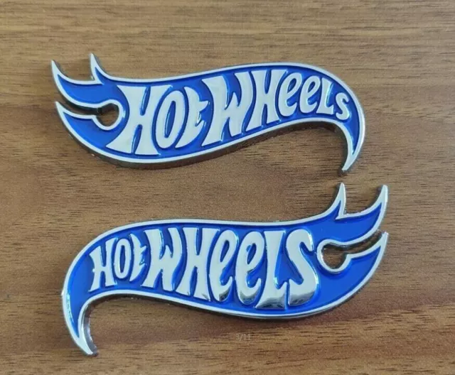 Pair Blue Silver Hot Wheels Side Fender Lid Hood Badge Hotwheels Decal Emblem