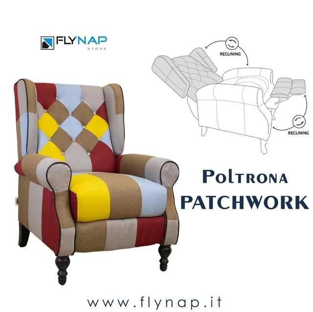 Poltrona Relax Reclinabile Totò Piccinni Con Poggiapiedi - Tessuto Patchwork, Design Comfort - Foto 7