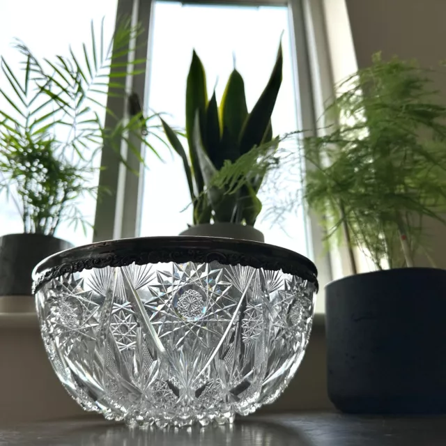 Large Silver  Crystal Bowl | 0.925 Sterling Silver | Victorian Era