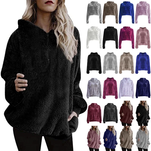 Womens Teddy Bear Fur Fluffy Fleece Ladies Half Zip Side Pockets Hooded Hoodies